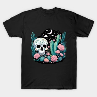 Cactus and Skull with Flowers Starry Night Moon and Stars T-Shirt